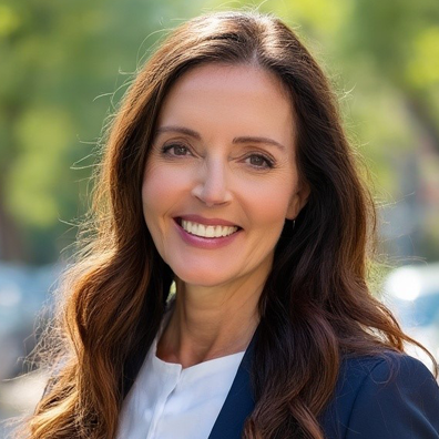 photo of Smiling woman with a navy blazer and white shirt outside.