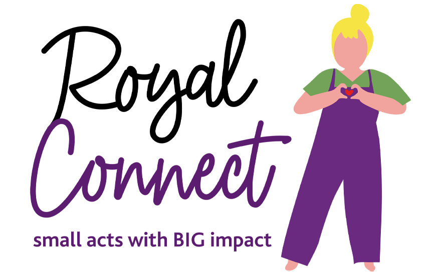 RoyalConnect, small actss with BIG impact with blonde girl in purple overalls graphic with hands in shape of heart